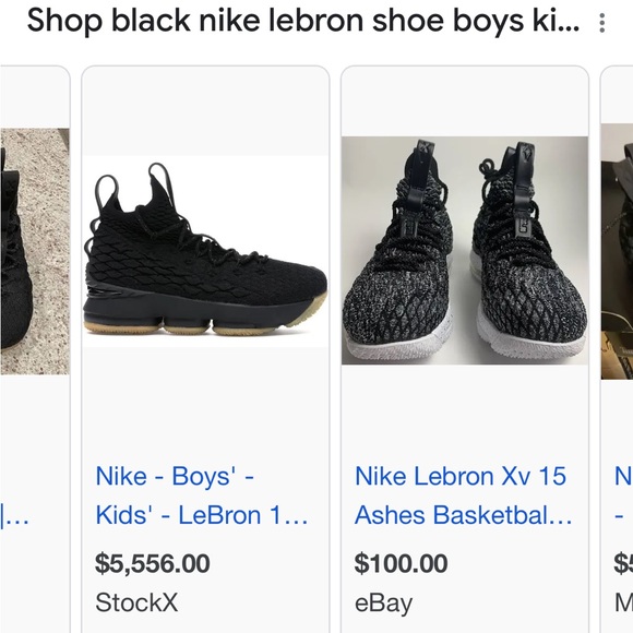 Nike lebrons size black pair 5Y, white pair is 4.5Y.